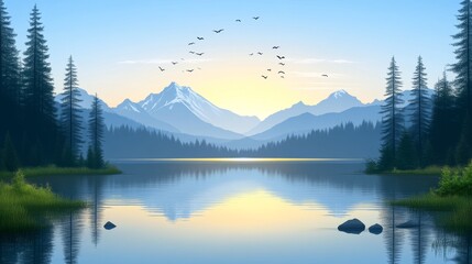 Majestic Mountain Reflections at Dawn Serene Lake Scene with Evergreens and Hazy Peaks Tranquil Vista for Background or Nature Theme