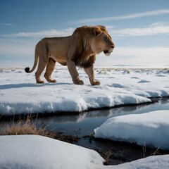 Cinematic Panthera leo fossilis Hunting in a Snow-Covered Tundra with Sharp Cliffs Surrounding