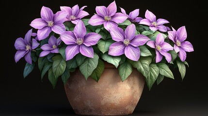 Vibrant purple flowers in a rustic pot against a dark background, showcasing natural beauty