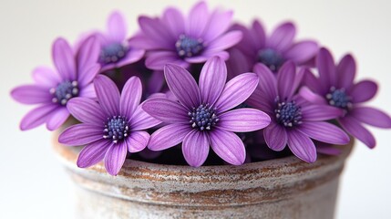 Vibrant purple flowers blooming in a rustic pot, showcasing nature's beauty indoors