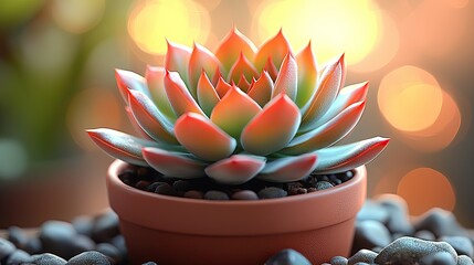 Vibrant succulent plant in a terracotta pot surrounded by pebbles, with a soft bokeh background