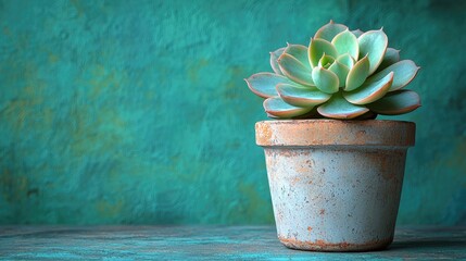 A vibrant succulent plant in a rustic pot against a textured turquoise background