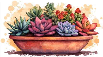 Colorful assortment of succulents in a decorative pot against a soft, artistic background