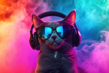 A trendy cat wearing headphones and reflective sunglasses with a neon smoke background. Ideal for creative projects, music themes, and entertainment branding