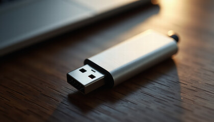 Metallic USB Flash Drive on Wooden Surface