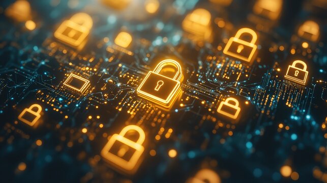 Abstract representation of a secure server room with glowing locks on each server unit.
