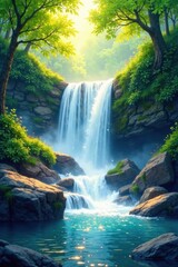 Soft Focus Watercolor Falls , natural scenery, gentle texture, watercolor waterfall