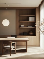 Fototapeta premium Minimalist home office features wooden desk shelves and soft lighting