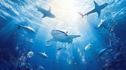 Fototapeta premium Underwater scene showcasing a variety of sharks and fish swimming in the deep blue sea