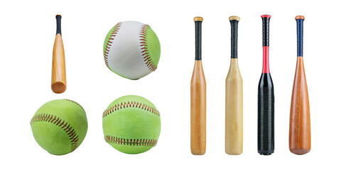Variety of Baseball Bats and Softballs Isolated on White Background, isolated on transparent background