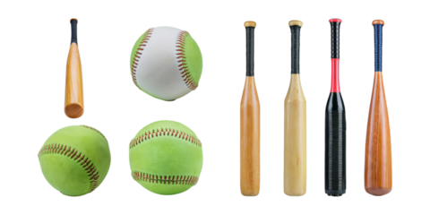 Variety of Baseball Bats and Softballs Isolated on White Background, isolated on transparent background