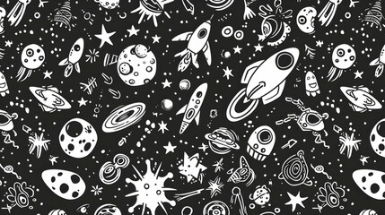 Naklejka premium A whimsical black and white pattern featuring rockets, planets, and stars, ideal for children's decor