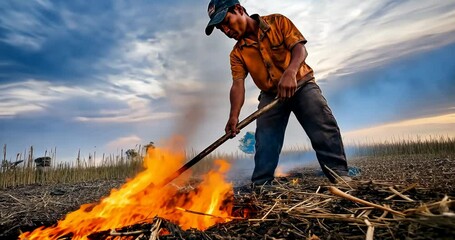 Farmer Burning Crops, Causing Pollution
