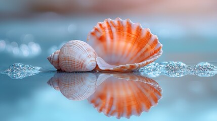 Close-up of beautiful seashells resting on tranquil water surface with gentle waves and reflections