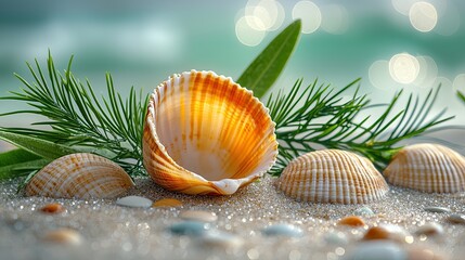 Close-up of vibrant seashells and greenery on sandy beach with blurred ocean background