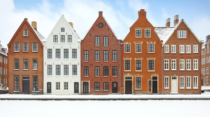 Fototapeta premium Winter Charm A Row of Picturesque Historic Houses in a Quaint European Town Covered in Snow under a Bright Blue Sky