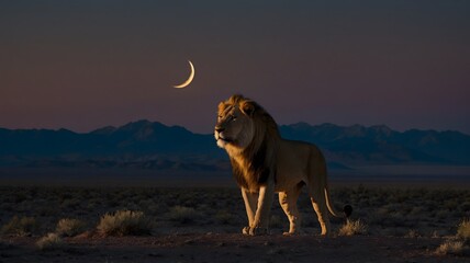 Majestic Panthera leo Vereshchagini Stalking the Arid Steppe Under a Crescent Moon