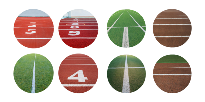 Diverse Track Surfaces with Numbered Lanes for Athletic Competitions, isolated on transparent background