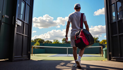 Man Walking with Tennis Bag to Court, Concept of sport, healthy lifestyle.