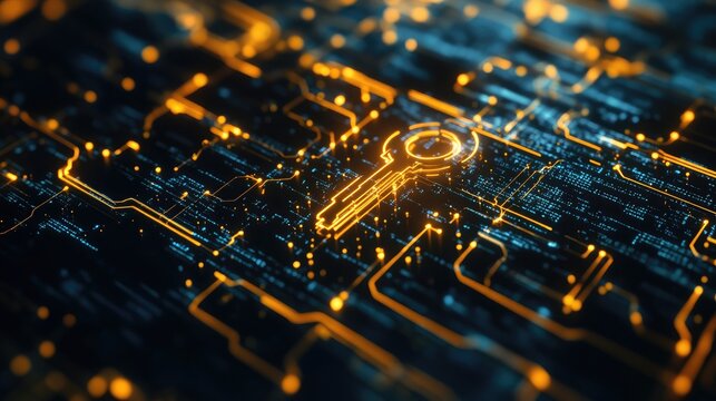 A digital key hovering over a matrix of encrypted data, symbolizing decryption processes.