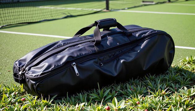 Black Tennis Bag on Green Grass, Concept of sport, healthy lifestyle.