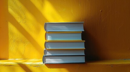 Stacked books against a vibrant yellow wall with shadows creating an artistic effect