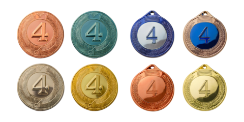 Colorful Collection of Medals with Number Four on Each Surface, isolated on transparent background