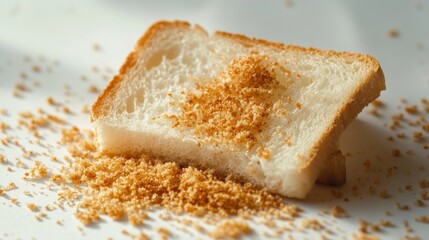 Close-up of a piece of bread with crumbs. Illustrates texture, fragility, and the concept of breakfast.
