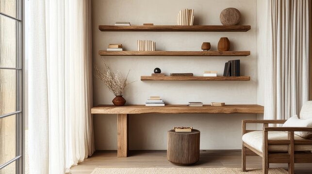 Natural wood shelves and desk in a minimalist interior space