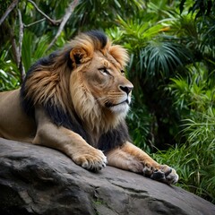 Majestic Panthera leo Sinhaleyus Relaxing on Rocks in the Lush Sri Lankan Jungle