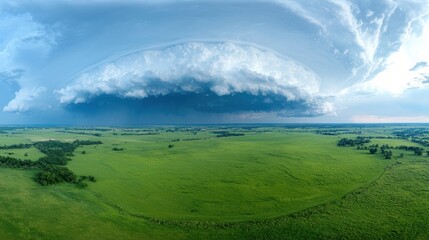Fototapeta premium Dramatic thunderstorm formation over vast green fields rural landscape aerial perspective nature's power