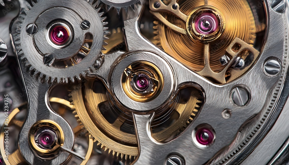 Poster Macro shot of intricate clock gears glowing under soft cinematic light, dynamic depth emphasizing mechanical artistry