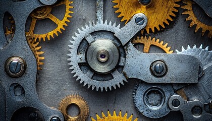 Macro shot of intricate clock gears glowing under soft cinematic light, dynamic depth emphasizing mechanical artistry