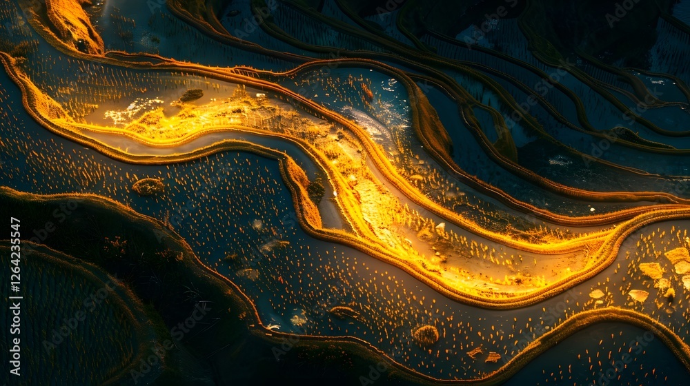 Poster aerial view of vibrant rice fields glowing under golden hour light, intricate patterns creating cine