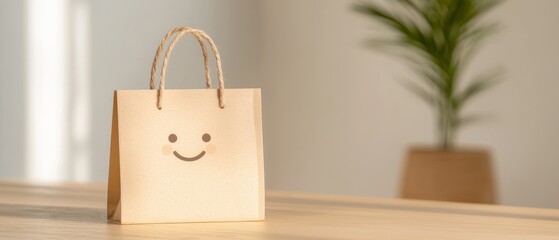Happy shopping bag displayed on a table in a cozy indoor environment