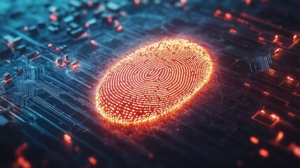 Digital fingerprint scan overlaid on a circuit pattern, symbolizing biometric security measures.
