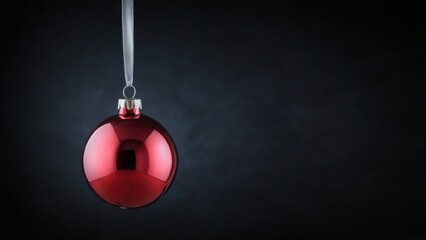 Festive Red Christmas Bauble Hanging from Silver Ribbon on Black Background, CloseUp with Reflective Surface