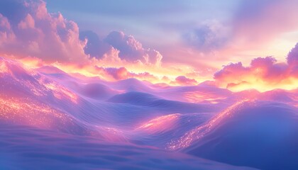 Wide shot of glowing sand dunes under pastel twilight skies, cinematic serene perspective