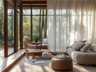 Fototapeta premium Serene indoor space merges with nature through expansive glass windows