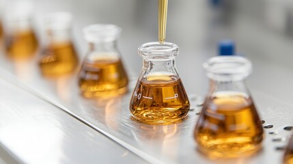 Scientific Research  Amber Liquid in Glass Erlenmeyer Flasks