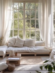 Fototapeta premium Natural light floods a serene indoor relaxation space