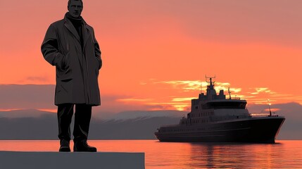Fototapeta premium Monumental Twilight A Naval Vessel Sailing on Sea Against a Fiery Sunset Majestic Structure Presiding Over the Serene Maritime Landscape
