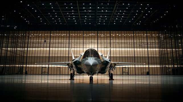 Sleek F 35 Fighter Jet in Modern Hangar  Aerospace Technology Image