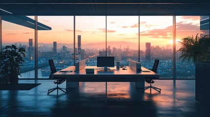 Fototapeta premium Serene Sunset Cityscape: Modern Office Panorama