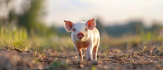 Piglet walking field sunset background, farm
