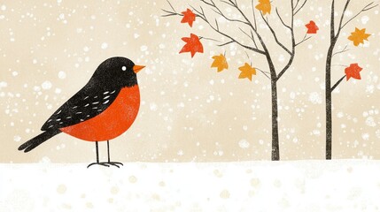 Fototapeta premium Winter's Cardinal Illustration An Ode to the Changing Seasons with Snowfall and Autumn Leaves On Bare Tree Branches