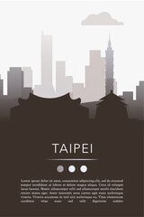 Naklejka premium Taipei city template for website, presentation, front page, invitation, publication sheet with skyline, landmarks. Vector Taiwan image layout, simple and grayscale