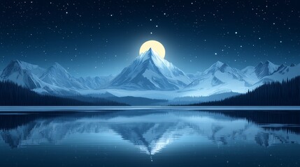 Majestic Mountain Peaks Reflecting on Serene Lake Under Starry Night Pixel Art Tranquil Winter Landscape Digital Painting