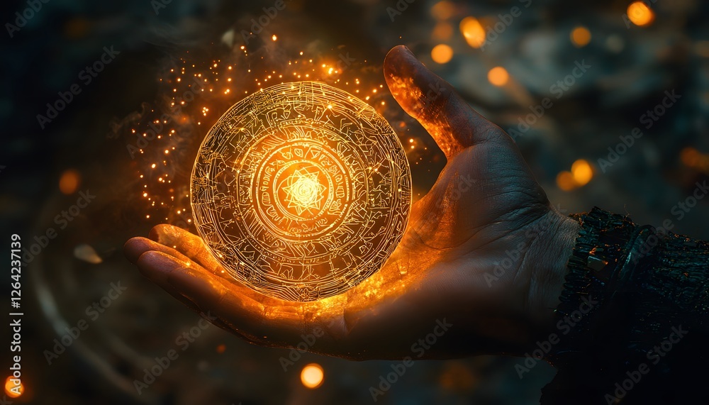 Poster close-up of a hand holding a glowing artifact with intricate patterns, surrounded by surreal natural
