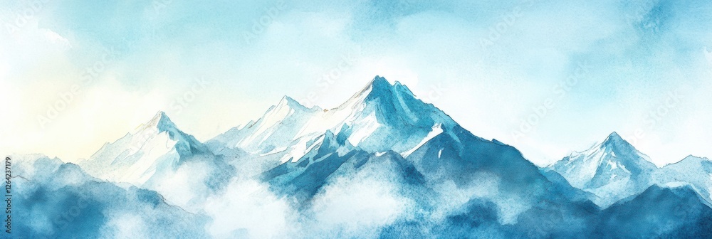 Poster snow capped mountains rise majestically against a serene blue sky with soft clouds in the distance d